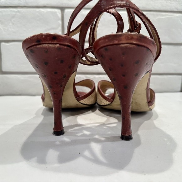 Anne Klein Women 7. 5M Straw Weave Open Toe Ankle Strap Heels Maroon Leather‎ - Picture 5 of 9